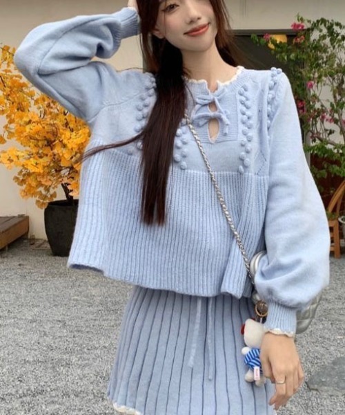 【セール】ヴィンテージスタイル リボン フリル ニットフーディ&プリーツミニスカート セットアップ（セットアップ）｜gossip！ロサンゼルス（ゴシップロサンゼルス）