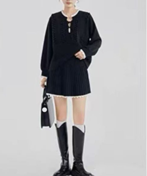 【セール】ヴィンテージスタイル リボン フリル ニットフーディ&プリーツミニスカート セットアップ（セットアップ）｜gossip！ロサンゼルス（ゴシップロサンゼルス）