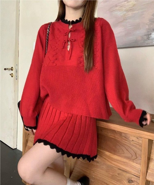 【セール】ヴィンテージスタイル リボン フリル ニットフーディ&プリーツミニスカート セットアップ（セットアップ）｜gossip！ロサンゼルス（ゴシップロサンゼルス）