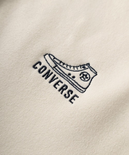 CONVERSE(コンバース)の「【CONVERSE/コンバース】ALL STARスニーカーロゴ&ブランドネーム ワンポイント刺繍 ポリスウェード 裏ボアプルパーカー/リブラインフーディ―/ユニセックス(パーカー・レディース・アイボリー/ベージュ/ブラック/オレンジ/クリーム/ブルー・M/XL/L)」の13枚目の写真