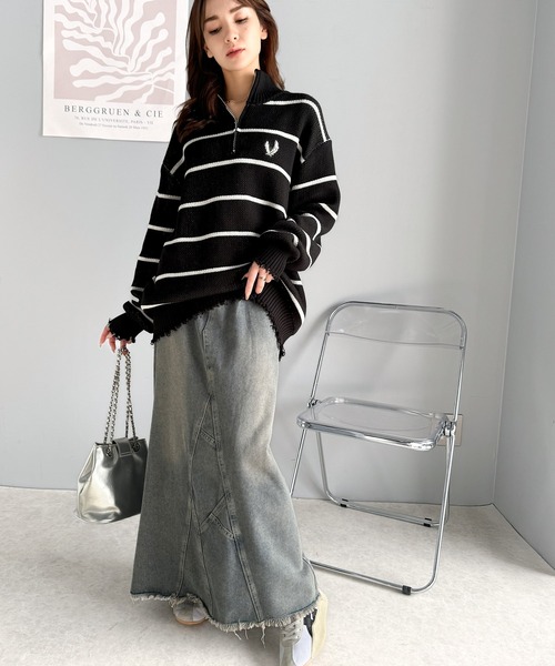 mily bilet(ミウィビレット)の「【mily bilet】こなれ感のある大人カジュアルが完成。ハーフジップクラッシュ加工ボーダープルオーバー(ニット)(ニット/セーター・レディース・グレー/ブラック/アイボリー・LARGE/MEDIUM/SMALL/X-LARGE)」の13枚目の写真