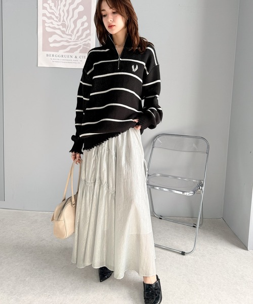 mily bilet(ミウィビレット)の「【mily bilet】こなれ感のある大人カジュアルが完成。ハーフジップクラッシュ加工ボーダープルオーバー(ニット)(ニット/セーター・レディース・グレー/ブラック/アイボリー・LARGE/MEDIUM/SMALL/X-LARGE)」の14枚目の写真