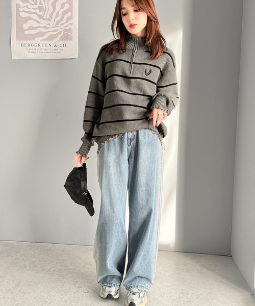 mily bilet(ミウィビレット)の「【mily bilet】こなれ感のある大人カジュアルが完成。ハーフジップクラッシュ加工ボーダープルオーバー(ニット)(ニット/セーター・レディース・グレー/ブラック/アイボリー・LARGE/MEDIUM/SMALL/X-LARGE)」の16枚目の写真