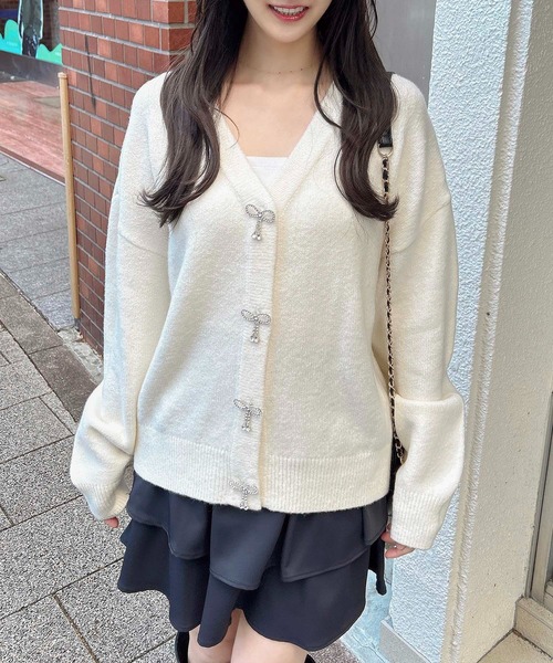【美品】andmary ハグニットリボンカーディガン&ワンピース アイボリー セール】もちもちリボンボタンニットカーディガン（ニット