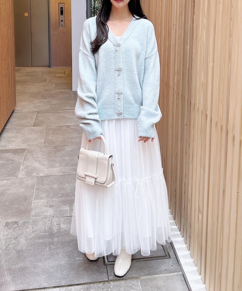 【美品】andmary ハグニットリボンカーディガン&ワンピース アイボリー セール】〈セットアップニット〉前後2WAYリボンミックスニット