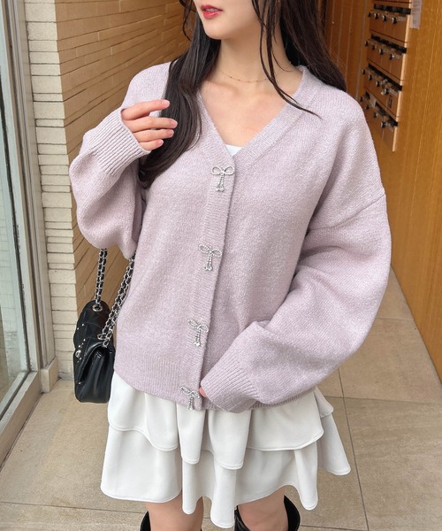 【美品】andmary ハグニットリボンカーディガン&ワンピース アイボリー セール】〈セットアップニット〉前後2WAYリボンミックスニット