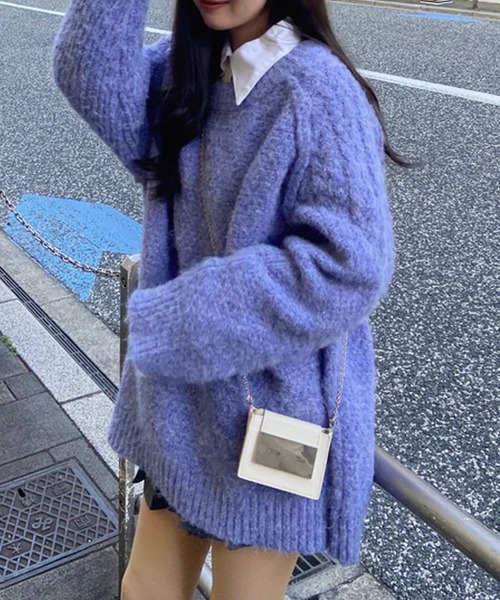 merrylatte(メリーラテ)の「ユニセックスケーブルMIXニット(ニット/セーター・レディース・モカ/ブルー・FREE)」の2枚目の写真