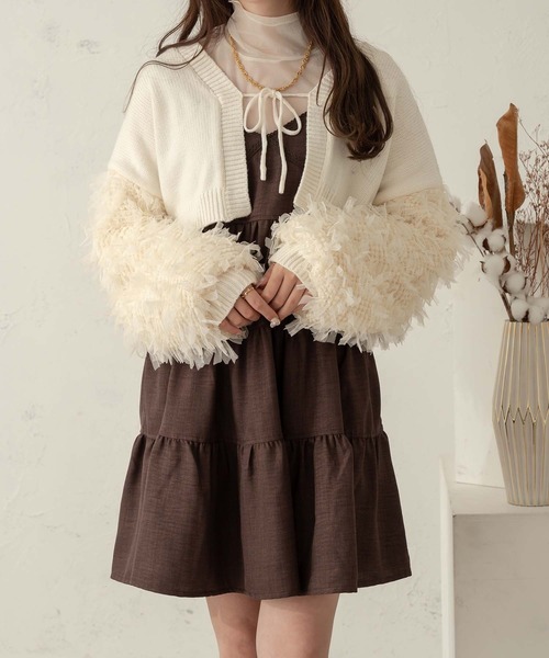 Ambre Neige(アンブルネージュ)の「tulle sleeve ribbon knit cardigan / 袖チュールリボンニットカーディガン(カーディガン/ボレロ・レディース・アイボリー/ブラック・FREE)」の6枚目の写真