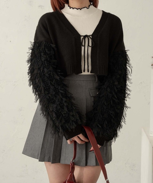 Ambre Neige(アンブルネージュ)の「tulle sleeve ribbon knit cardigan / 袖チュールリボンニットカーディガン(カーディガン/ボレロ・レディース・アイボリー/ブラック・FREE)」の8枚目の写真