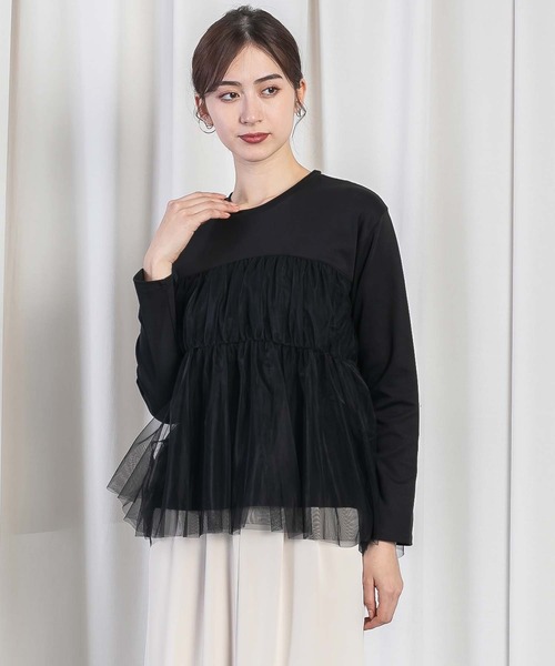 RAW FUDGE(ローファッジ)の「チュールレイヤードドッキングスムースプルオーバー(Tシャツ/カットソー・レディース・チャコールグレー/ブラック/オフホワイト・M)」の3枚目の写真