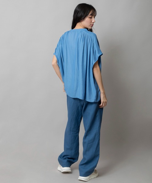 SALE [30%OFF] Munich (ミューニック) ブラウス フィブリルツイル ギャザー フレンチスリーブ バンドカラー 接触冷感 MN251T44 返品不可 Munich｜フィブリルツイル ギャザーブラウス | Rakuten Fashion