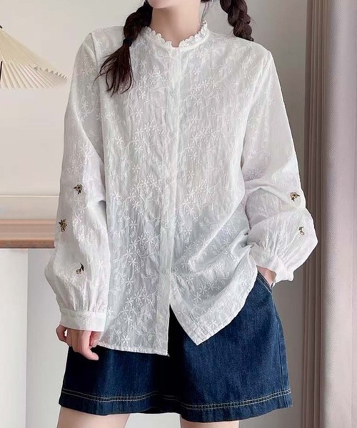 aimoha(アイモハ)の「刺繍デザインフリル襟シャツブラウス(シャツ/ブラウス・レディース・ホワイト/ライトベージュ・FREE)」の5枚目の写真