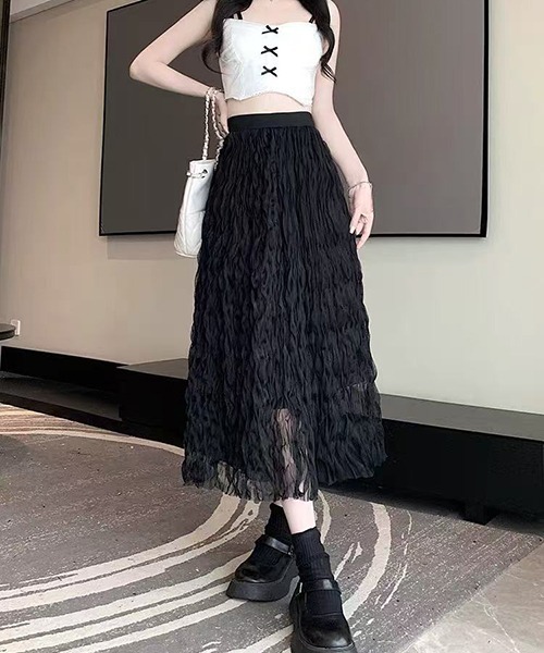 gossip!ロサンゼルス(ゴシップロサンゼルス)の「Y2K 楊柳 ロングスカート(スカート・レディース・ブラック/オフホワイト・FREE)」の9枚目の写真