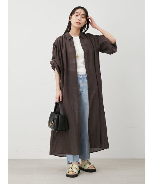 セール】ラミー100％袖ロングシャツワンピース（ワンピース