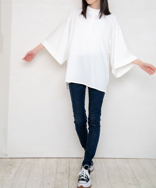 Nora Lily(ノラリリー)の「【Nora Lily】Stand Collar S/S Shirt (UNISEX)(シャツ/ブラウス・メンズ・ホワイト/グリーン・FREE)」の2枚目の写真