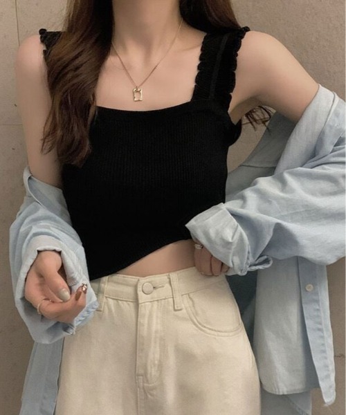 kirakiraShop(キラキラショップ)の「ショルダー フリル ニット キャミソール(キャミソール・レディース・ブルー/ホワイト/アイボリー/ブラック・FREE)」の7枚目の写真
