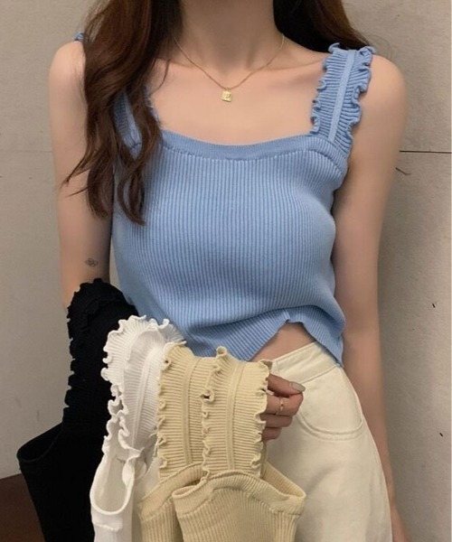 kirakiraShop(キラキラショップ)の「ショルダー フリル ニット キャミソール(キャミソール・レディース・ブルー/ホワイト/アイボリー/ブラック・FREE)」の13枚目の写真
