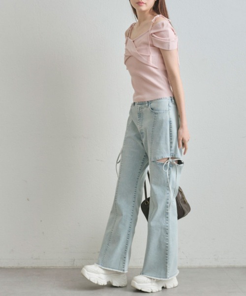 OLIVE des OLIVE(オリーブデオリーブ)の「肩リボンオフショルニット(Tシャツ/カットソー・レディース・ピンク/チャコールグレー/オフホワイト・FREE)」の11枚目の写真