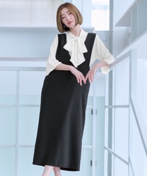 【UVカット・接触冷感】〈2点セット〉タイパアイテム！ジャンパースカート＋ボウタイブラウス/ブラック/黒/ネイビー/紺｜通勤＆オフィス＆入卒＆セレモニー＆オケージョン｜自宅で洗える・ストレッチ・吸汗速乾・防シワ｜