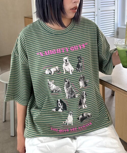 SOUNDSGOOOOD（サウンズグッド）の「【SOUNDS GOOOOD】パウダー加工プリント&刺繍TEE（Tシャツ/カットソー・レディース・チャコールグレー/ライトグレー/グリーン/ピンク/ブラック/パープル・ONE SIZE）」の5枚目の写真