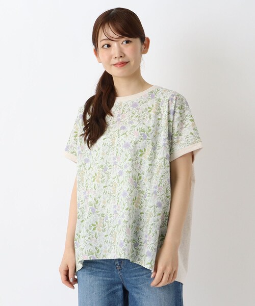 one'sterrace(ワンズテラス)の「花柄プリントコンビフレンチスリーブプルオーバー(Tシャツ/カットソー・レディース・ライトグレー系8/アイボリー系8/ネイビー系5・02)」の1枚目の写真