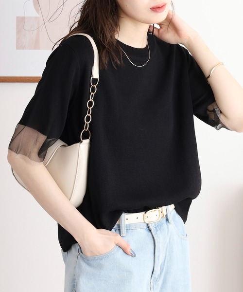 A.N.L(エーエヌエル レーベル)の「A.N.L シアースリーブサマーニット半袖プルオーバー(Tシャツ/カットソー・レディース・グリーン/サンドベージュ/ブラック/オフホワイト・38)」の9枚目の写真
