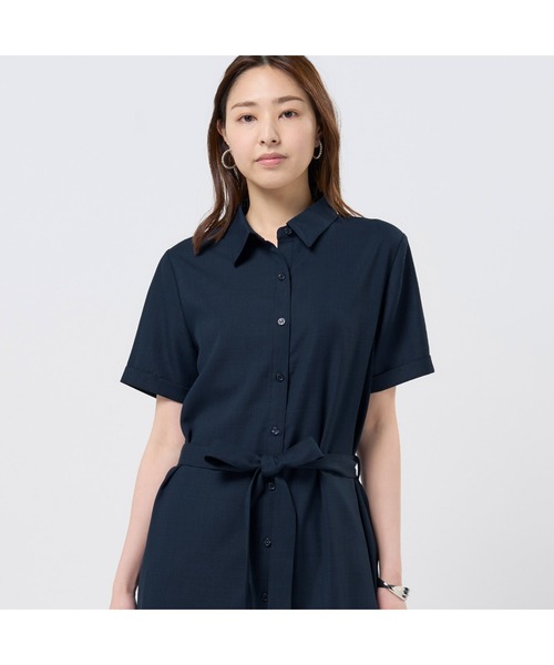 【未使用】congés payés 半袖 シャツワンピース 麻混 ブラック バイカラーシャツワンピース / GRACE CONTINENTAL | GRACE