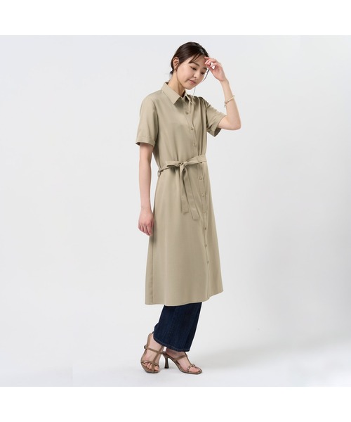 ブラウス シャツ シャツワンピース 麻調合繊 レディース 麻調合繊 シャツワンピース 五分袖 レディース(M ネイビー