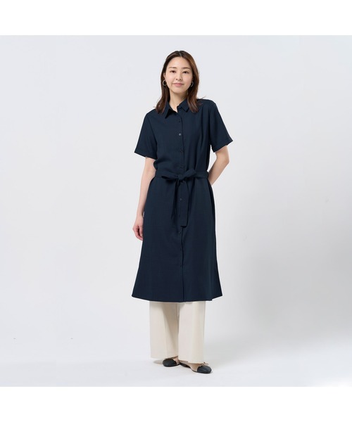 【未使用】congés payés 半袖 シャツワンピース 麻混 ブラック CLOCHE ブラック 麻混キーネック袖ギャザーワンピース・ブラック