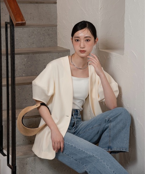 【美品】sono ノーカラージャケット　上着　総裏　ボリューム袖　パフスリーブ so1-197-6.jpg