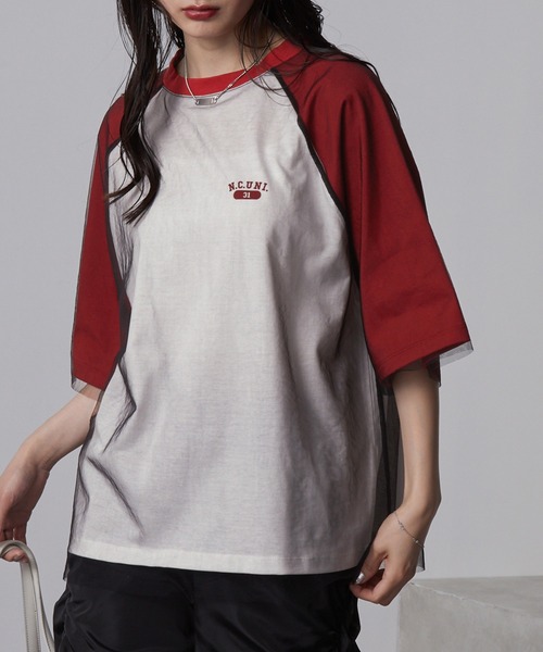 nui nullu(ヌイヌル)の「【nui nullu】チュールレイヤード ラグラン ワンポイントロゴ 半袖Tシャツ(Tシャツ/カットソー・レディース・ブラック系/ホワイト系/レッド系・FREE)」の3枚目の写真