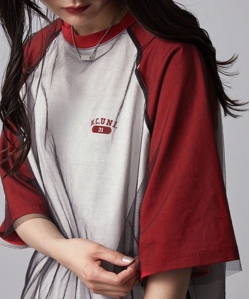 nui nullu(ヌイヌル)の「【nui nullu】チュールレイヤード ラグラン ワンポイントロゴ 半袖Tシャツ(Tシャツ/カットソー・レディース・ブラック系/ホワイト系/レッド系・FREE)」の9枚目の写真