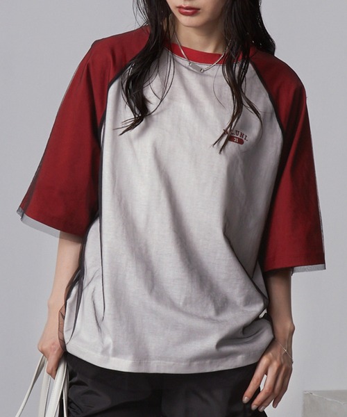 nui nullu(ヌイヌル)の「【nui nullu】チュールレイヤード ラグラン ワンポイントロゴ 半袖Tシャツ(Tシャツ/カットソー・レディース・ブラック系/ホワイト系/レッド系・FREE)」の11枚目の写真