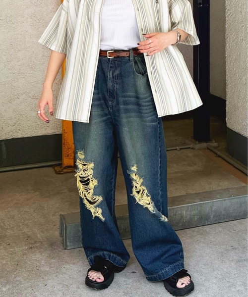 DOUBLE NAME(ダブルネーム)の「ウエスト調整カラーオーバーダイダメージデニムパンツ/ユニセックス(デニムパンツ・レディース・ブラック/インディゴブルー・FREE)」の2枚目の写真