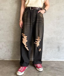 DOUBLE NAME | ウエスト調整カラーオーバーダイダメージデニムパンツ/ユニセックス(デニムパンツ)