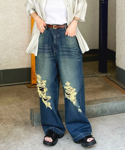 DOUBLE NAME(ダブルネーム)の「ウエスト調整カラーオーバーダイダメージデニムパンツ/ユニセックス(デニムパンツ・レディース・ブラック/インディゴブルー・FREE)」の5枚目の写真