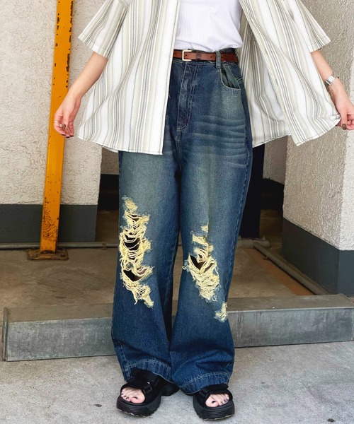 DOUBLE NAME(ダブルネーム)の「ウエスト調整カラーオーバーダイダメージデニムパンツ/ユニセックス(デニムパンツ・レディース・ブラック/インディゴブルー・FREE)」の6枚目の写真