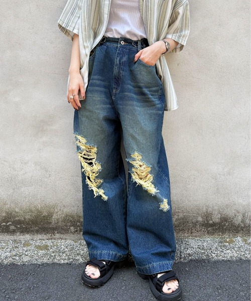 DOUBLE NAME(ダブルネーム)の「ウエスト調整カラーオーバーダイダメージデニムパンツ/ユニセックス(デニムパンツ・レディース・ブラック/インディゴブルー・FREE)」の7枚目の写真