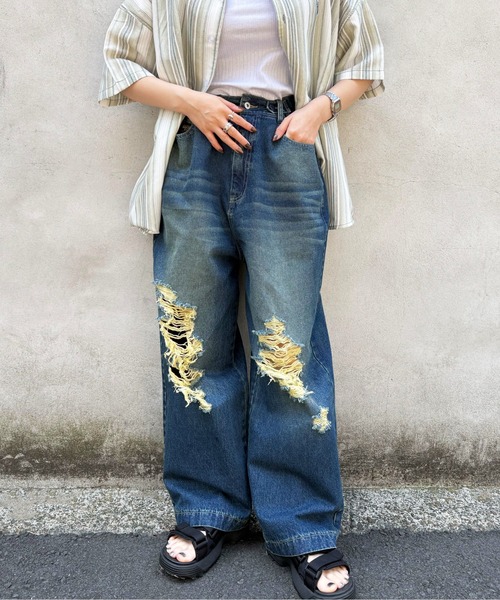 DOUBLE NAME(ダブルネーム)の「ウエスト調整カラーオーバーダイダメージデニムパンツ/ユニセックス(デニムパンツ・レディース・ブラック/インディゴブルー・FREE)」の8枚目の写真