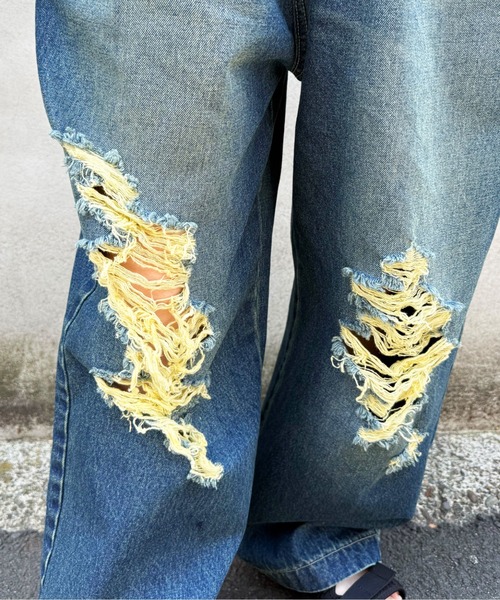 DOUBLE NAME(ダブルネーム)の「ウエスト調整カラーオーバーダイダメージデニムパンツ/ユニセックス(デニムパンツ・レディース・ブラック/インディゴブルー・FREE)」の9枚目の写真