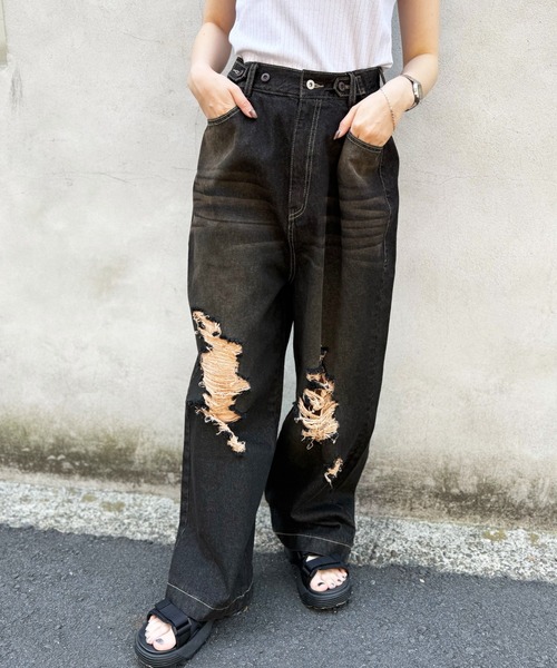 DOUBLE NAME(ダブルネーム)の「ウエスト調整カラーオーバーダイダメージデニムパンツ/ユニセックス(デニムパンツ・レディース・ブラック/インディゴブルー・FREE)」の4枚目の写真