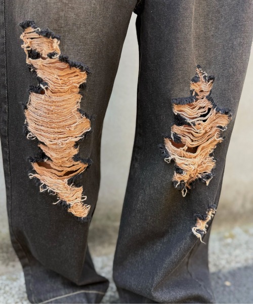 DOUBLE NAME(ダブルネーム)の「ウエスト調整カラーオーバーダイダメージデニムパンツ/ユニセックス(デニムパンツ・レディース・ブラック/インディゴブルー・FREE)」の14枚目の写真