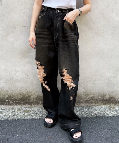 DOUBLE NAME(ダブルネーム)の「ウエスト調整カラーオーバーダイダメージデニムパンツ/ユニセックス(デニムパンツ・レディース・ブラック/インディゴブルー・FREE)」の17枚目の写真