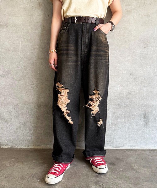 DOUBLE NAME(ダブルネーム)の「ウエスト調整カラーオーバーダイダメージデニムパンツ/ユニセックス(デニムパンツ・レディース・ブラック/インディゴブルー・FREE)」の16枚目の写真