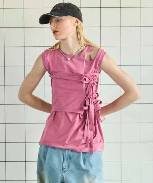 MAISON SPECIAL(メゾンスペシャル)の「Ribbon Bare Sleeveless TEE/リボンベアノースリーブTEE■セットアップ対応■(Tシャツ/カットソー・レディース・ホワイト/チャコールグレー/ピンク・FREE)」の3枚目の写真