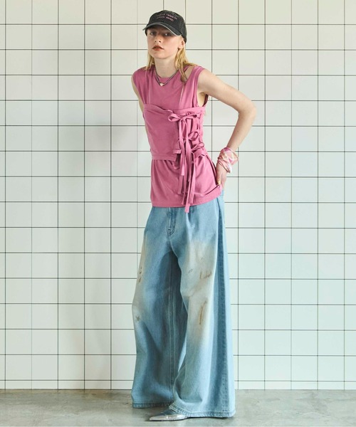 MAISON SPECIAL(メゾンスペシャル)の「Ribbon Bare Sleeveless TEE/リボンベアノースリーブTEE■セットアップ対応■(Tシャツ/カットソー・レディース・ホワイト/チャコールグレー/ピンク・FREE)」の4枚目の写真