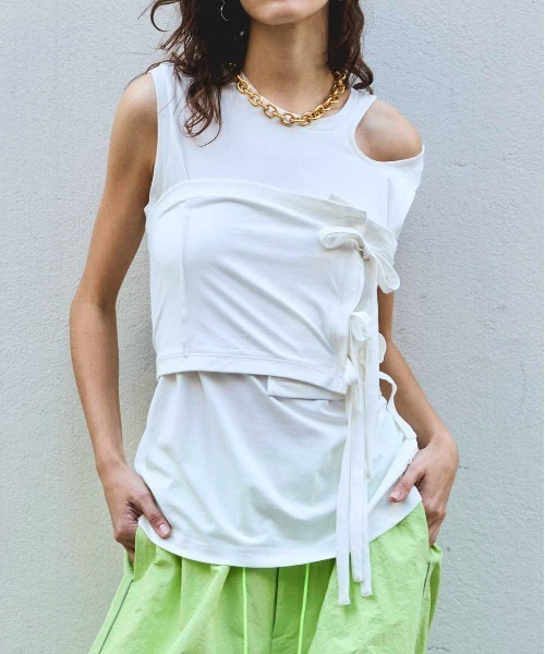MAISON SPECIAL(メゾンスペシャル)の「Ribbon Bare Sleeveless TEE/リボンベアノースリーブTEE■セットアップ対応■(Tシャツ/カットソー・レディース・ホワイト/チャコールグレー/ピンク・FREE)」の9枚目の写真