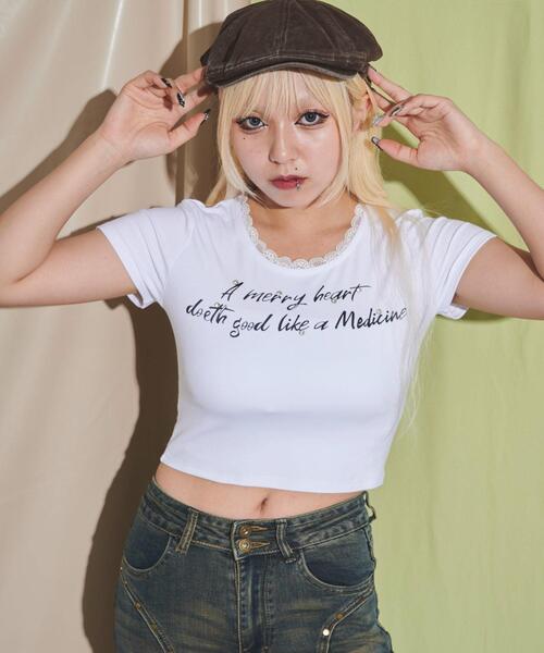 dispark(ディスパーク)の「DISPARK/レースロゴスタッズT(Tシャツ/カットソー・レディース・ブラック/ホワイト・FREE)」の1枚目の写真