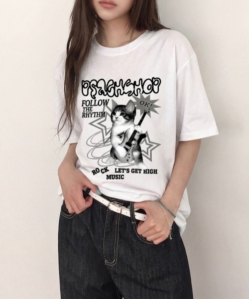 LADY LIKE(レディライク)の「キャットロックゆったり半袖Tシャツ(Tシャツ/カットソー・レディース・ワイン/ブラック/ホワイト/ピンク・M)」の2枚目の写真