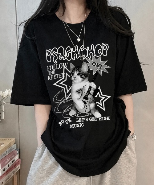 LADY LIKE(レディライク)の「キャットロックゆったり半袖Tシャツ(Tシャツ/カットソー・レディース・ワイン/ブラック/ホワイト/ピンク・M)」の3枚目の写真